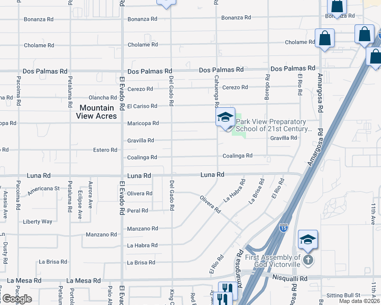 map of restaurants, bars, coffee shops, grocery stores, and more near 14776 Coalinga Road in Victorville