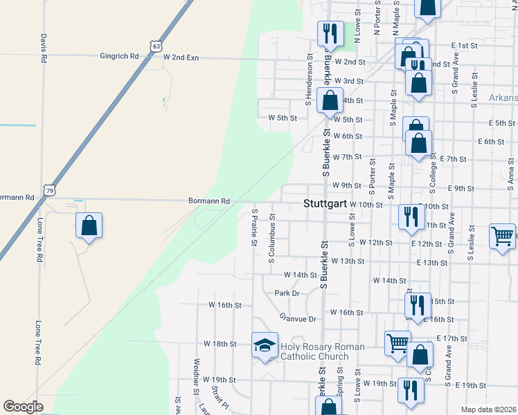 map of restaurants, bars, coffee shops, grocery stores, and more near 803 West 10th Street in Stuttgart