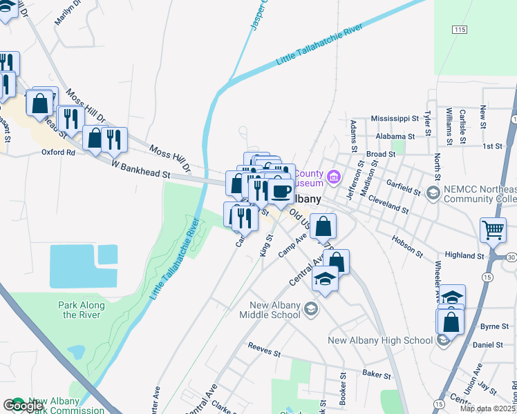 map of restaurants, bars, coffee shops, grocery stores, and more near 115 West Main Street in New Albany