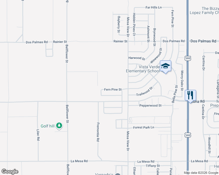 map of restaurants, bars, coffee shops, grocery stores, and more near 11584 Fern Pine Street in Victorville