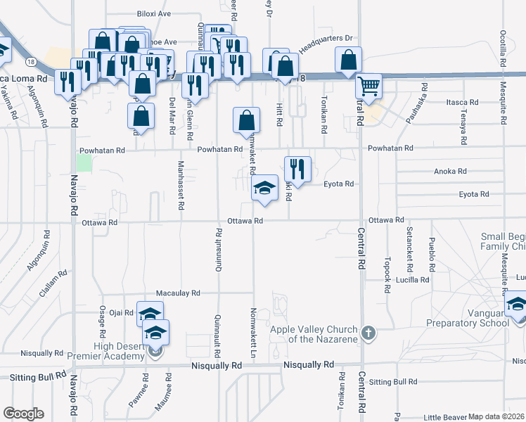 map of restaurants, bars, coffee shops, grocery stores, and more near 22230 Ottawa Road in Apple Valley