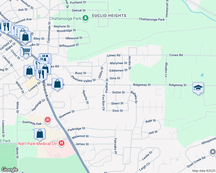 map of restaurants, bars, coffee shops, grocery stores, and more near 400 Ridgeway Street in Hot Springs