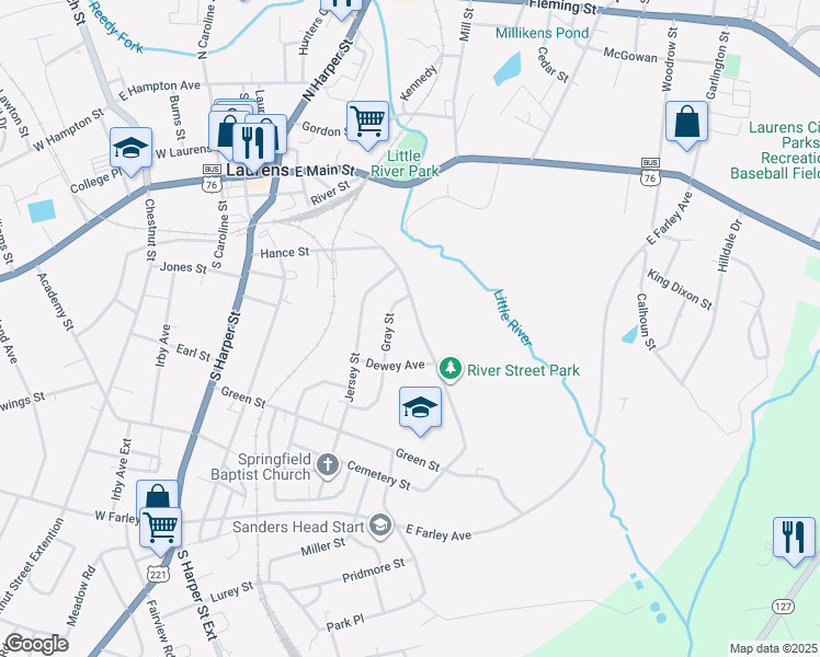 map of restaurants, bars, coffee shops, grocery stores, and more near 418 River St in Laurens