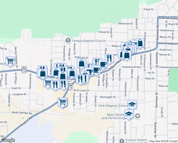 map of restaurants, bars, coffee shops, grocery stores, and more near 160 Cooper Street in Hot Springs