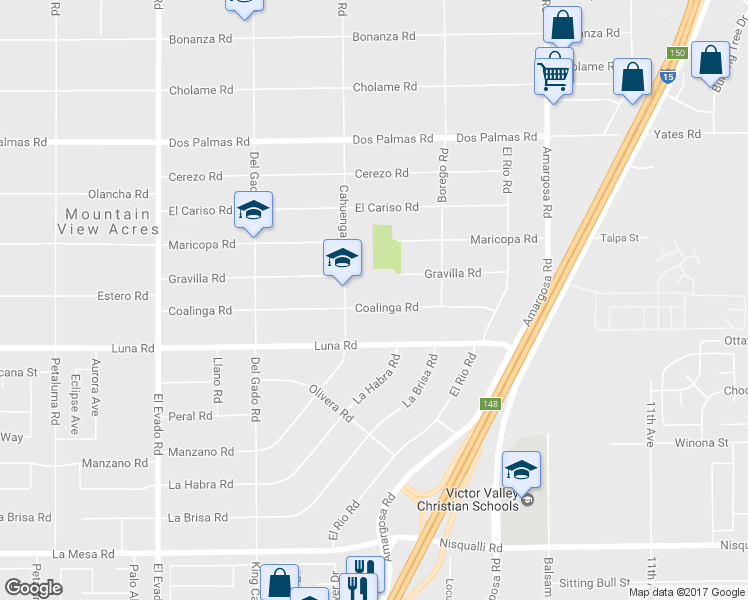 map of restaurants, bars, coffee shops, grocery stores, and more near 14960 Coalinga Road in Victorville