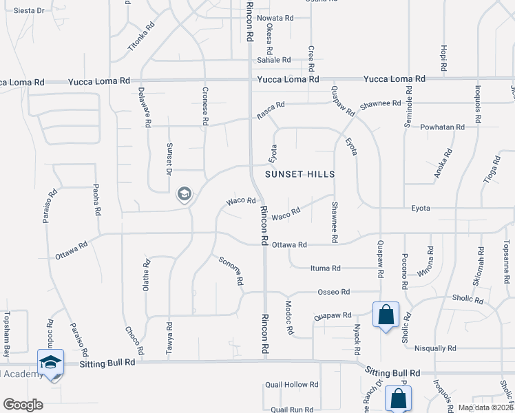 map of restaurants, bars, coffee shops, grocery stores, and more near 13342 Rincon Road in Apple Valley