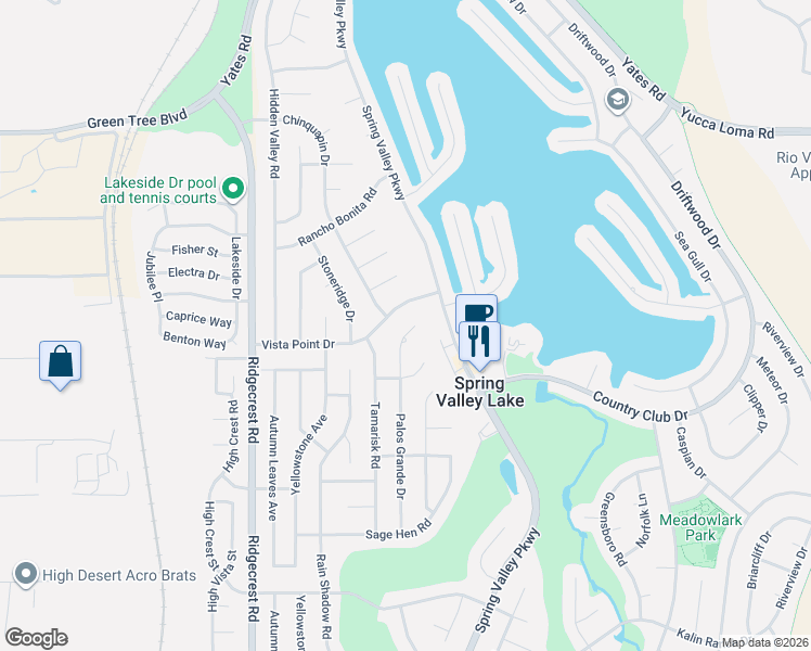 map of restaurants, bars, coffee shops, grocery stores, and more near 13360 Palos Grande Drive in Victorville