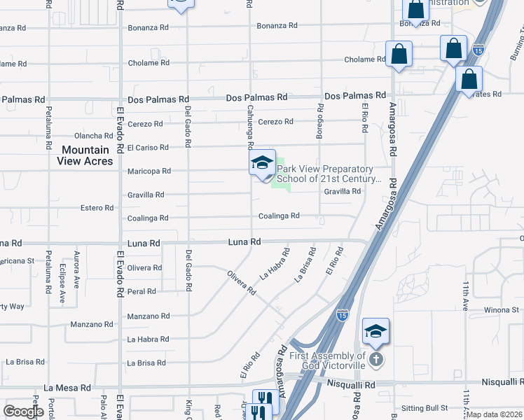 map of restaurants, bars, coffee shops, grocery stores, and more near 14960 Coalinga Road in Victorville