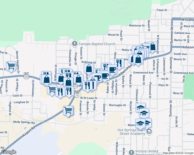 map of restaurants, bars, coffee shops, grocery stores, and more near 119 Cooper Street in Hot Springs
