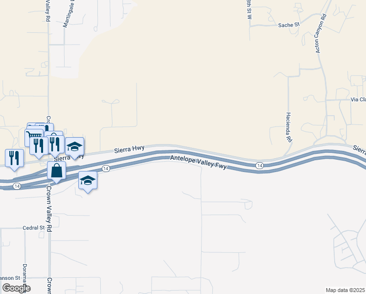 map of restaurants, bars, coffee shops, grocery stores, and more near Sierra Highway in Acton