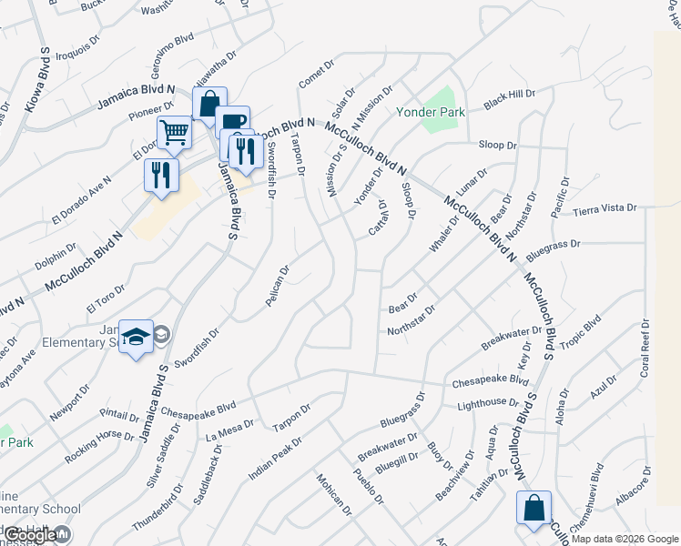 map of restaurants, bars, coffee shops, grocery stores, and more near 3628 Tarpon Drive in Lake Havasu City