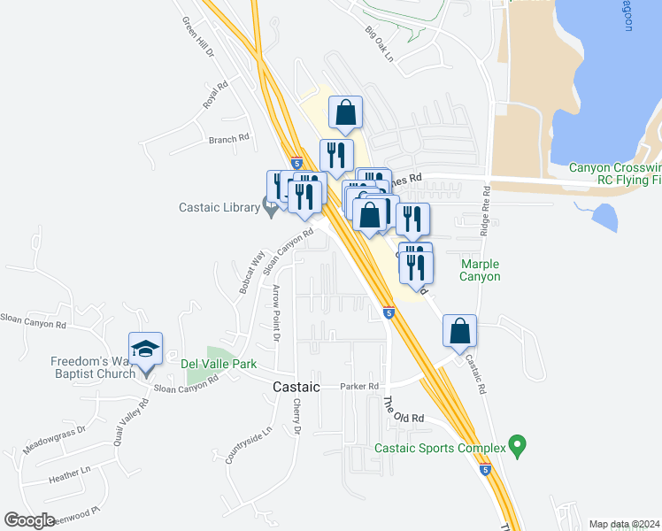 map of restaurants, bars, coffee shops, grocery stores, and more near 31621 Hunter Lane in Castaic