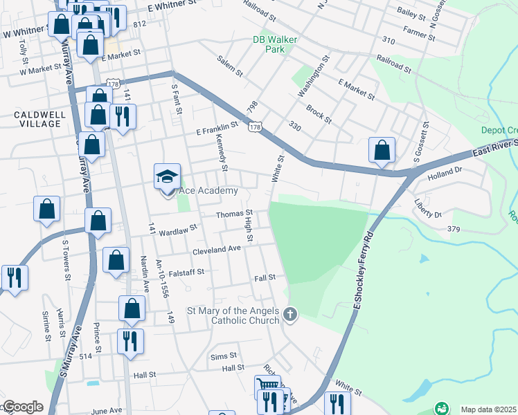 map of restaurants, bars, coffee shops, grocery stores, and more near 607 Thomas Street in Anderson