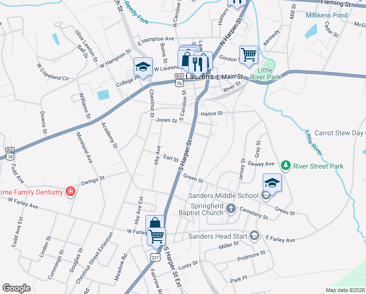 map of restaurants, bars, coffee shops, grocery stores, and more near 636 South Harper Street in Laurens