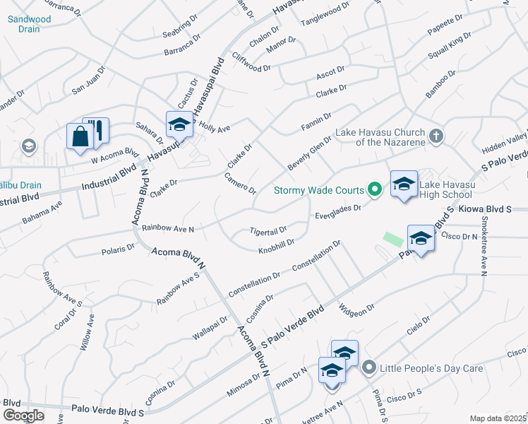 map of restaurants, bars, coffee shops, grocery stores, and more near 2342 Rainbow Avenue in Lake Havasu City