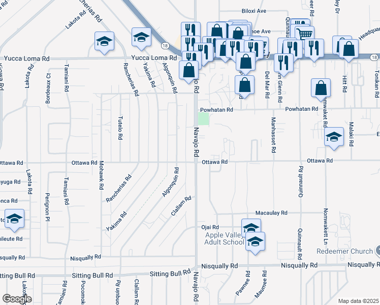 map of restaurants, bars, coffee shops, grocery stores, and more near 13340 Navajo Road in Apple Valley