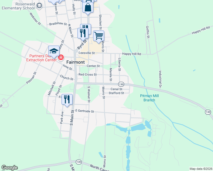 map of restaurants, bars, coffee shops, grocery stores, and more near 504 Cottage Street in Fairmont