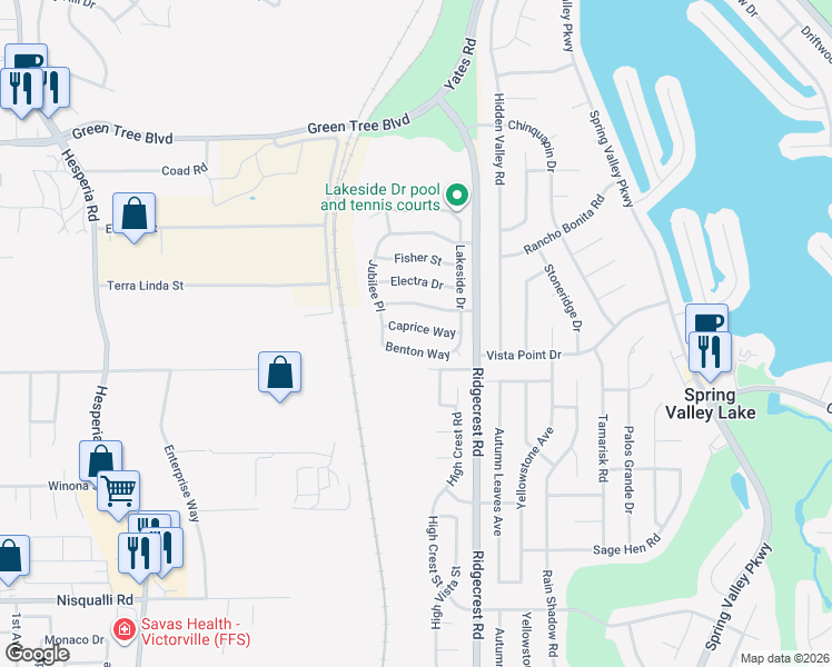 map of restaurants, bars, coffee shops, grocery stores, and more near 17593 Caprice Way in Victorville