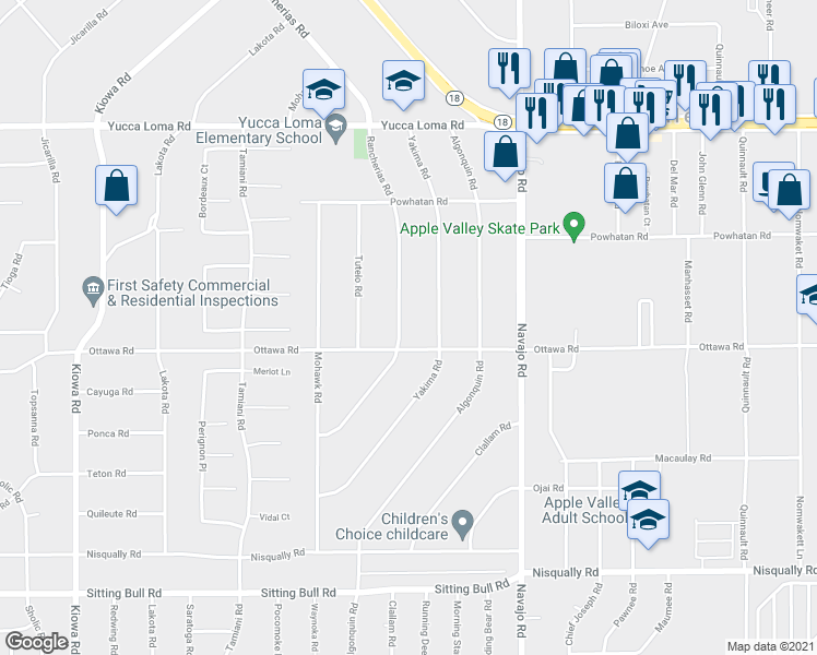map of restaurants, bars, coffee shops, grocery stores, and more near 13341 Rancherias Road in Apple Valley