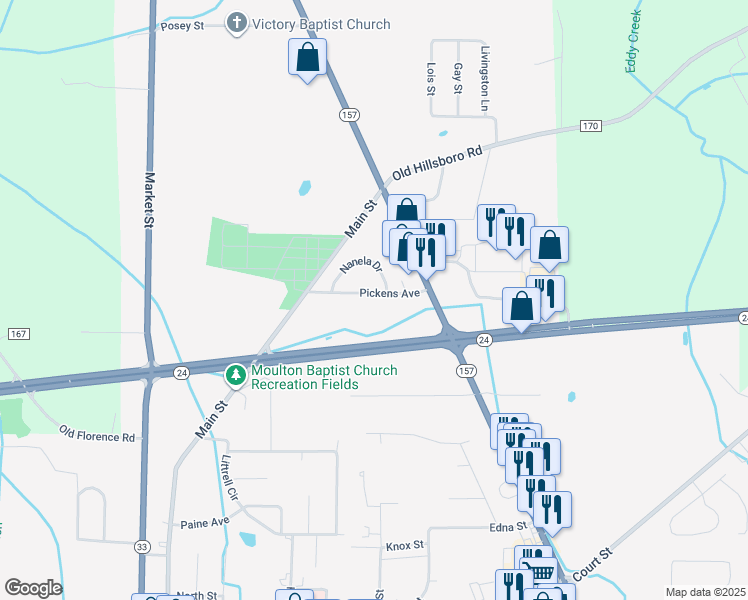 map of restaurants, bars, coffee shops, grocery stores, and more near 115 Pickens Avenue in Moulton