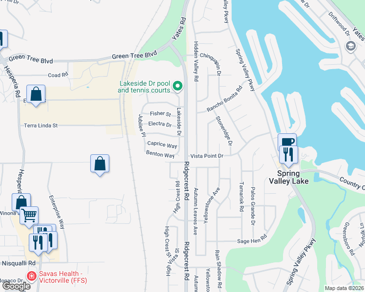 map of restaurants, bars, coffee shops, grocery stores, and more near 13353 Lakeside Drive in Victorville