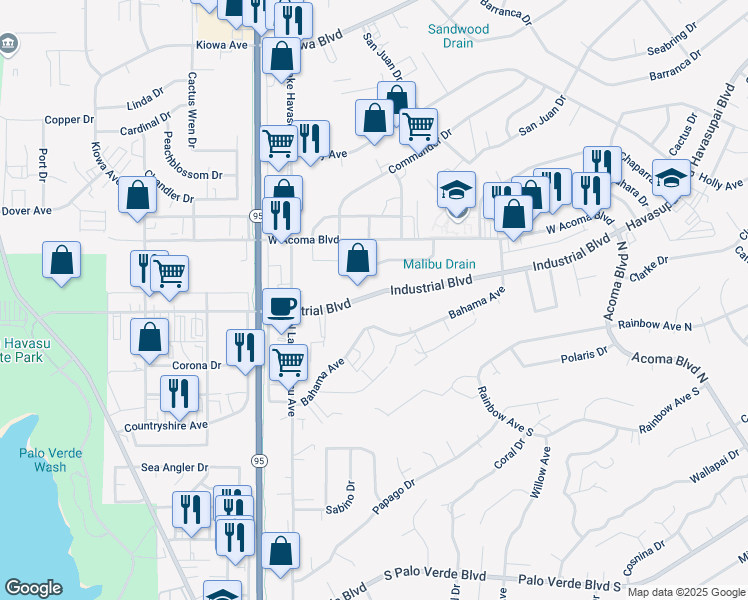 map of restaurants, bars, coffee shops, grocery stores, and more near 1831 Industrial Boulevard in Lake Havasu City