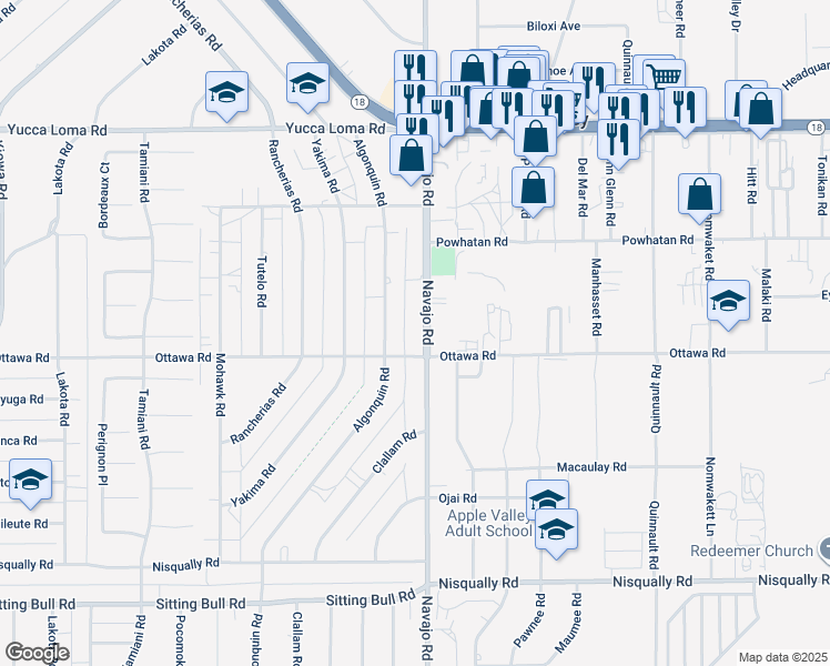 map of restaurants, bars, coffee shops, grocery stores, and more near 13340 Navajo Road in Apple Valley