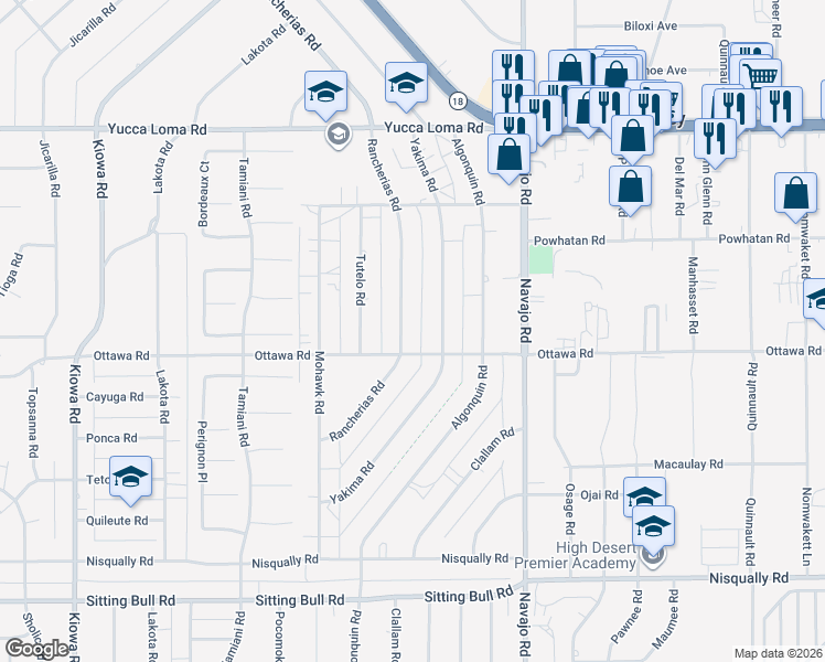map of restaurants, bars, coffee shops, grocery stores, and more near 13341 Rancherias Road in Apple Valley