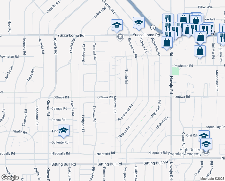 map of restaurants, bars, coffee shops, grocery stores, and more near 13337 Mohawk Road in Apple Valley