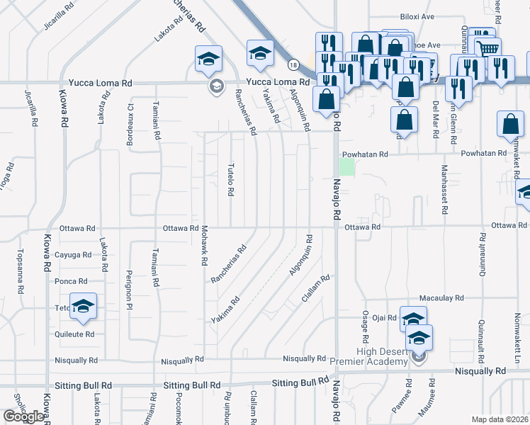 map of restaurants, bars, coffee shops, grocery stores, and more near 13341 Rancherias Road in Apple Valley