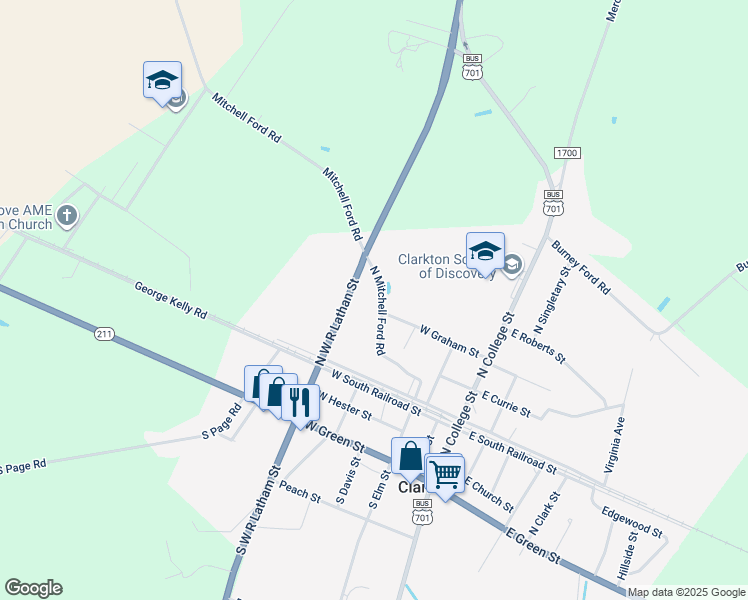 map of restaurants, bars, coffee shops, grocery stores, and more near 301 North Mitchell Ford Road in Clarkton