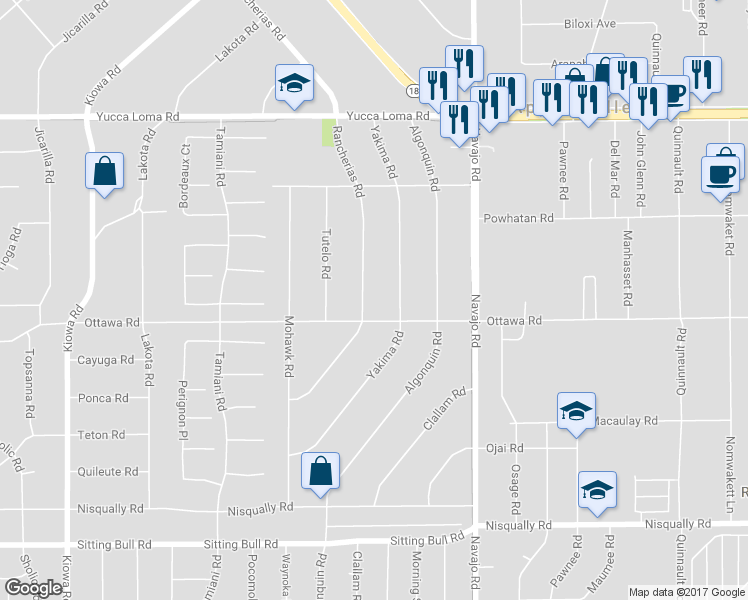 map of restaurants, bars, coffee shops, grocery stores, and more near 13341 Rancherias Road in Apple Valley