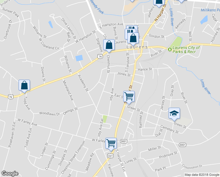 map of restaurants, bars, coffee shops, grocery stores, and more near 132 Irby Avenue in Laurens