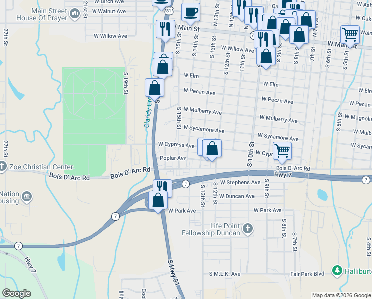 map of restaurants, bars, coffee shops, grocery stores, and more near 705 South 14th Street in Duncan