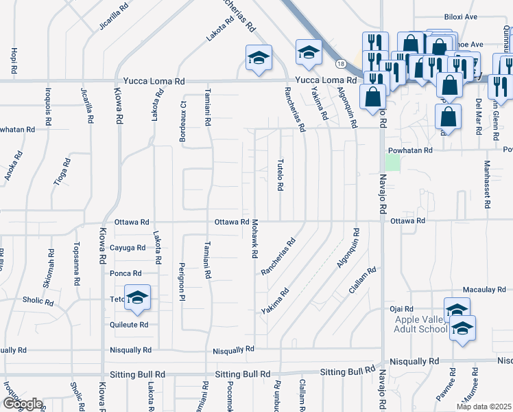 map of restaurants, bars, coffee shops, grocery stores, and more near 13337 Mohawk Road in Apple Valley