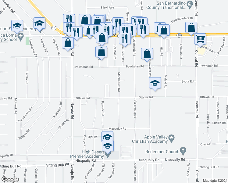 map of restaurants, bars, coffee shops, grocery stores, and more near 13356 Manhasset Road in Apple Valley