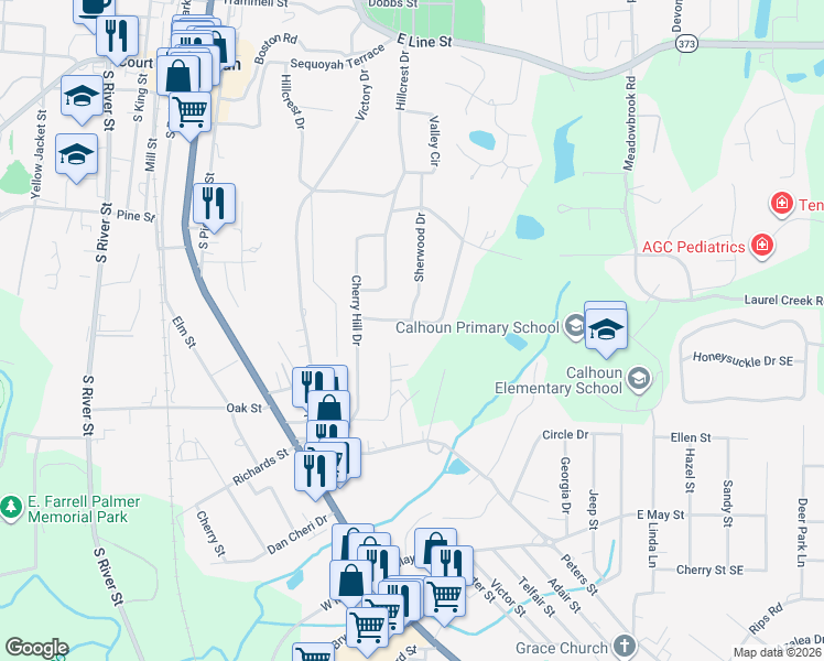 map of restaurants, bars, coffee shops, grocery stores, and more near 225 Woodland Drive in Calhoun