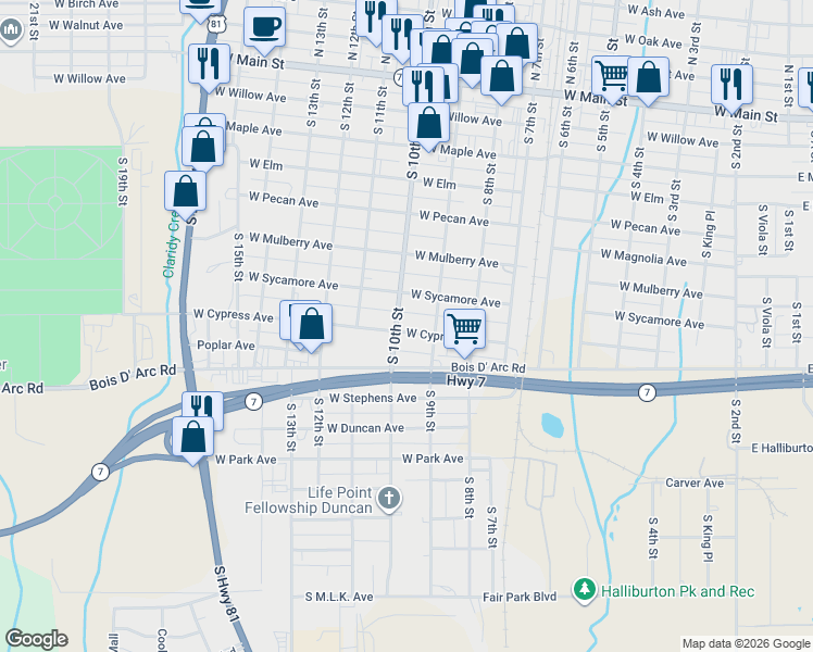 map of restaurants, bars, coffee shops, grocery stores, and more near 911 West Cypress Avenue in Duncan