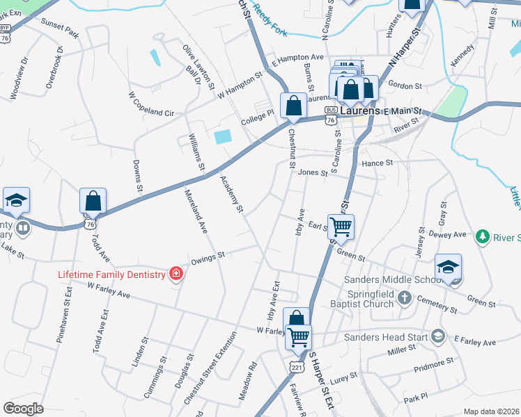 map of restaurants, bars, coffee shops, grocery stores, and more near 104 Maplebrook Street in Laurens