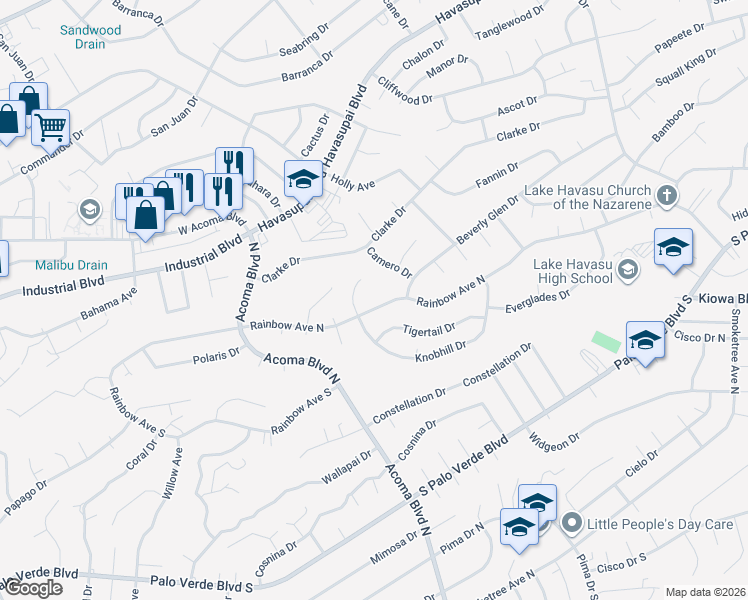 map of restaurants, bars, coffee shops, grocery stores, and more near 2285 Rainbow Avenue North in Lake Havasu City