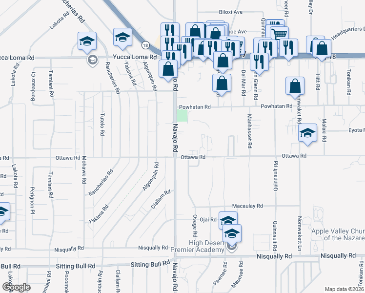 map of restaurants, bars, coffee shops, grocery stores, and more near 21760 Ottawa Road in Apple Valley