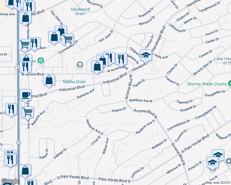 map of restaurants, bars, coffee shops, grocery stores, and more near 611 Roamer Lane in Lake Havasu City