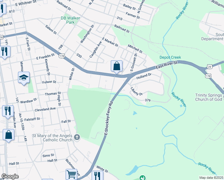 map of restaurants, bars, coffee shops, grocery stores, and more near 1398 River Oak Drive in Anderson