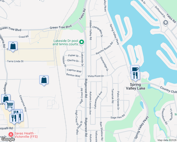 map of restaurants, bars, coffee shops, grocery stores, and more near 13353 Lakeside Drive in Victorville