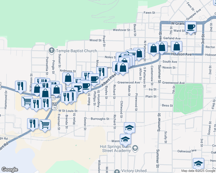 map of restaurants, bars, coffee shops, grocery stores, and more near 201 Bayles Street in Hot Springs