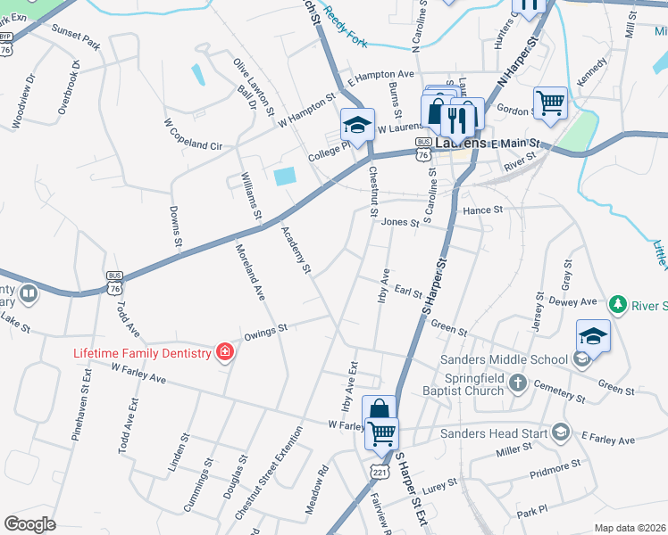 map of restaurants, bars, coffee shops, grocery stores, and more near 104 Maplebrook Street in Laurens