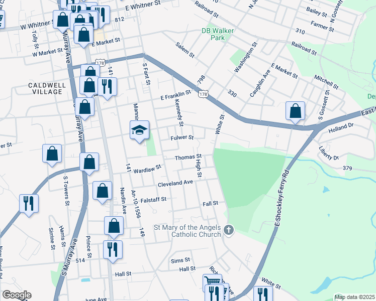 map of restaurants, bars, coffee shops, grocery stores, and more near 507 Thomas Street in Anderson