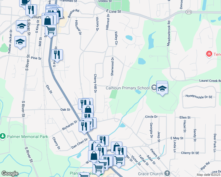 map of restaurants, bars, coffee shops, grocery stores, and more near 225 Woodland Drive in Calhoun
