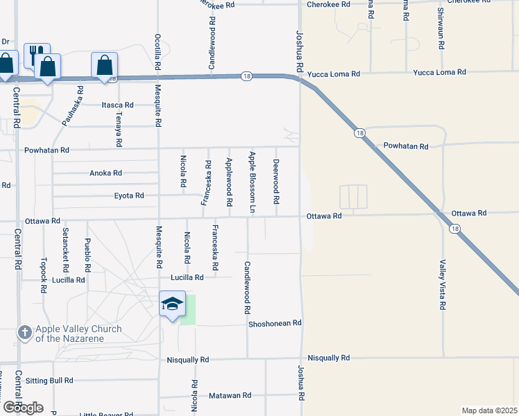 map of restaurants, bars, coffee shops, grocery stores, and more near 13345 Apple Blossom Lane in Apple Valley