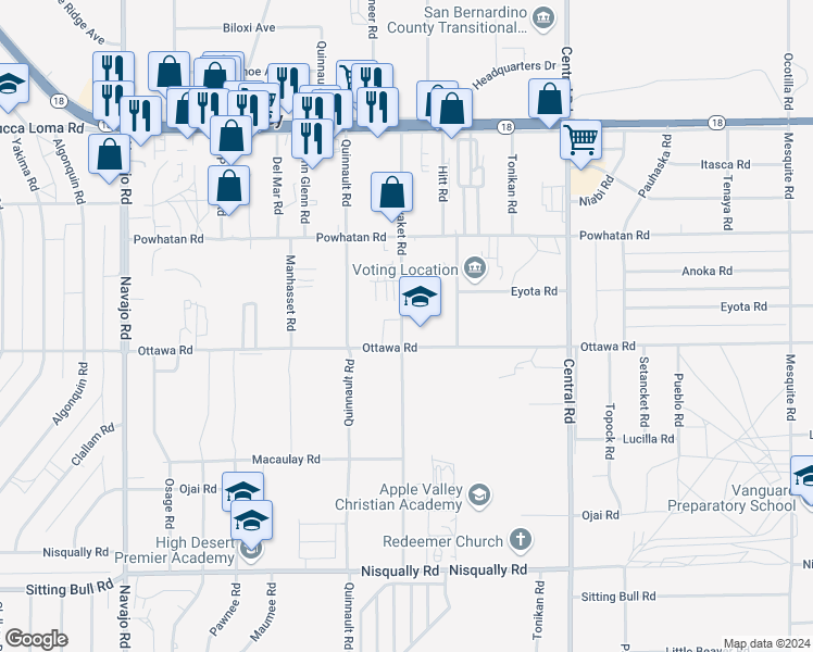 map of restaurants, bars, coffee shops, grocery stores, and more near Nomwaket Road in Apple Valley